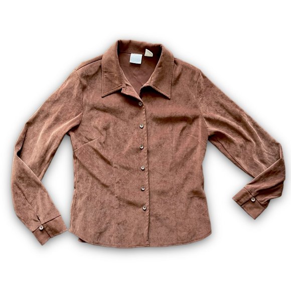 Vintage Studio C Brown Faux Suede Button Down Top - Picture 4 of 6